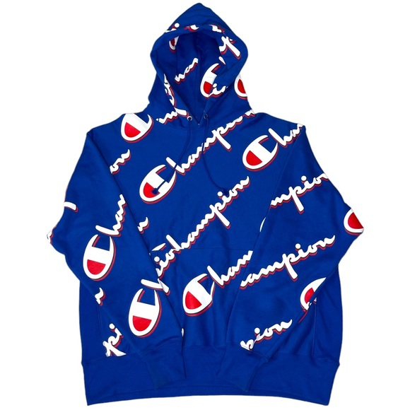 Champion Other - Champion Reverse Weave Blue All Over Print Script Hoodie Sz XL